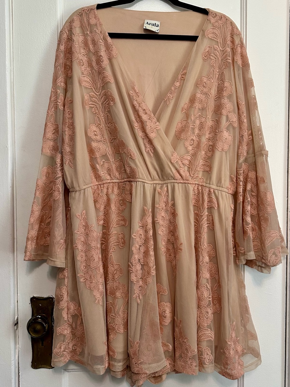 ARULA Lace Minidress with V-Neck Wrap Bodice & Bell Sleeves in Dusty Rose